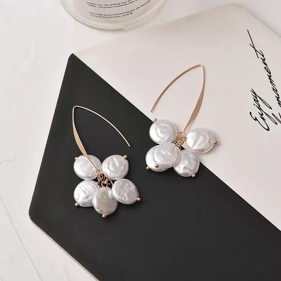 Cluster Freshwater Pearl Drop Gold Earrings - Picture 2 of 6